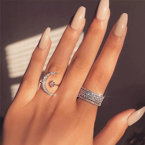 Jewelry - Crescent Moon Star CZ Adjustable Ring Silver